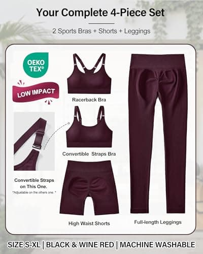 leviace 4-Piece Workout Sets for Women - with Butt Lifting Shorts & Leggings, 2 Seamless Ribbed Sports Bras, Gym Outfits Matching Athletic Set Padded Bra for Yoga Pilates Fitness Clothing,Wine Red,XL - Thumbnail 2