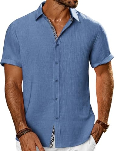 PJ PAUL JONES Men's Button Down Short Sleeve Shirt Casual Summer Beach Textured Wedding Shirts Grey Blue - Image 1