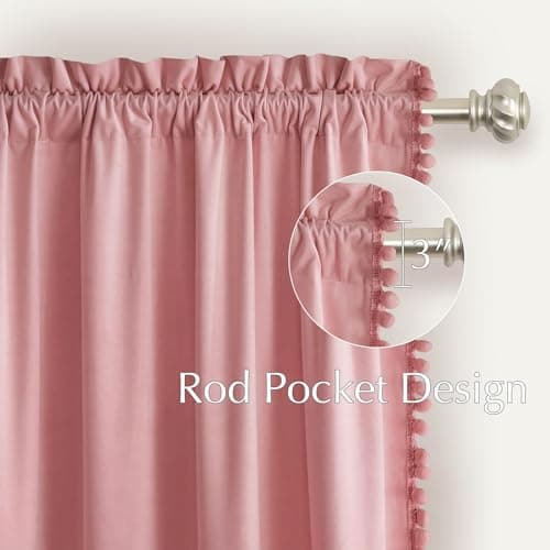 NICETOWN Blush Pink Velvet Curtains 96" Long with Cute Pom-Pom Trim for Living Room – Elegant Privacy Protection Drapes Light Filtering Window Treatments for Girls, 52" W x 96" L, 2 Panels - Thumbnail 6