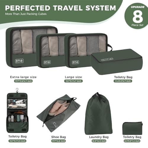 8-Piece Compression Packing Cubes for Travel, Trendy Luggage Organizer Set for Young Travelers, Space Saving for Carry-On, Suitcase, Vacation & Weekend Trips - Avocado Green - Thumbnail 4