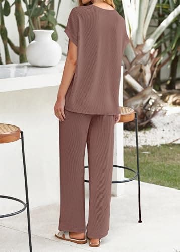 KIRUNDO 2 Piece Sets for Women Dressy Casual Ribbed Knit Short Sleeve Tops Wide Leg Pants Lounge Set Travel Airport Outfits(Brown, Large) - Thumbnail 2