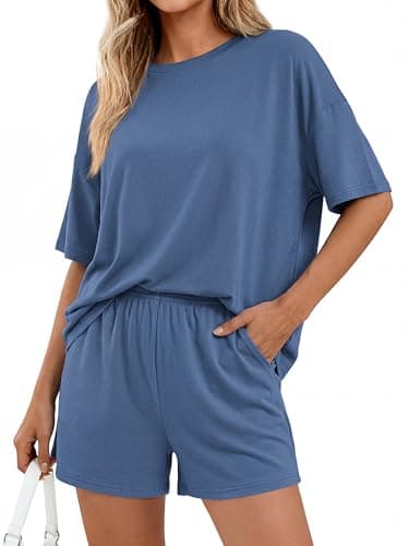 BTFBM 2 Piece Short Sets For Women 2026 Summer Airport Travel Vacation Outfits Loose Matching Clothing Spring Lounge Set(Grey Blue, Small) - Thumbnail 4