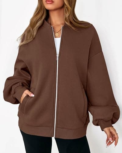 KIRUNDO Oversized Sweatshirt for Women Zip Up Bomber Jacket 2026 Fall Fashion Casual Long Sleeve Outerwear Winter Outfits(Dark Brown, Small) - Thumbnail 4
