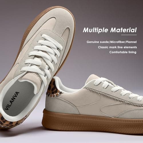 Vilanva Women's Fashion Sneakers Casual Tennis Shoes with Genuine Suede Classic Retro Gum Sole Walking Trendy Footwear Beige Multi - Thumbnail 4
