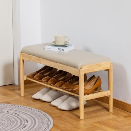 latifolia Small Shoe Bench, Solid Wood Bench with Cushion, 2 Tier Shoe Storage Organizer for Entryway(Nature,31.50''L) - Thumbnail 2