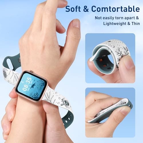 HMFCBFSS Engraved Cute Sea Turtle Band Compatible with Apple Watch Bands for Women Men 38mm 40mm 41mm 42mm, Stylish Two-Tone Floral Soft Silicone Sport Strap Fit iWatch Series 11 10 Se 9 8 7 6 5 4 3 2 1 (White/Green, 38mm/40mm/41mm/(42mm-Series 11 10) - Thumbnail 3