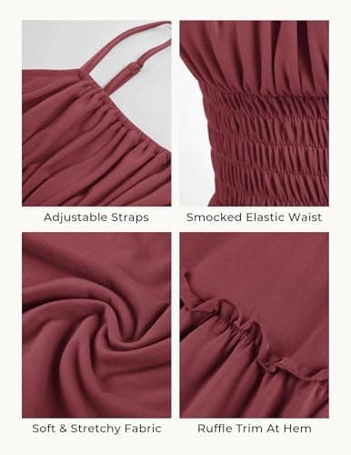 GRACE KARIN Womens Spaghetti Strap Dress Flowy Ruffle Dresses Sleeveless Swing A-Line Sundress Smocked Cami Dress with Pockets Brick Red L - Thumbnail 5