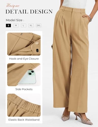 GRACE KARIN Wide Leg Trousers Women 2026 Summer Elastic Waist Comfy Pants Date Night Weekend Getaway Slacks Khaki Medium - Thumbnail 3
