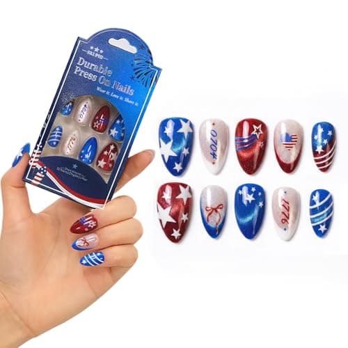 SKUPHI 4th of July Press On Nails Memorial Day Nails Almond Cat Eye Salon Quality Handmade Reusable Stick On False Nails 32 Nail Kit-16 Sizes - Image 1