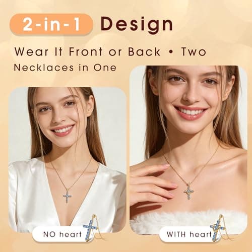 Cross Necklace for Women, Heart Cross Necklace for Women, 18K Gold Plated, Gold Necklace for Women, Dainty Cubic Zirconia Pendant, Hypoallergenic Jewelry for Women, Christian Religious Gifts(Blue-Gold) - Thumbnail 3