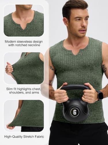 JEMLDL Men's Plus Size Sleeveless Tank Tops Knit Ribbed V Neck Casual Summer Outdoor Shirts Lightweight Breathable Muscle Army Green 3XL - Thumbnail 5