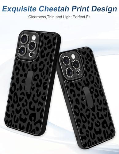 Aitipy Cheetah Phone Case Compatible with iPhone 13 Pro, with Leopard Print Finger Hand Strap Kickstand Shockproof Full Camera Protection Soft TPU Protective Cover for Women Girls, Black - Thumbnail 2