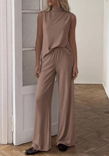 BTFBM Summer 2 Piece Lounge Sets For Women Sleeveless Mock Neck Top Wide Leg Pants Airport Travel Beach Vacation Outfits(Khaki, X-Large) - Thumbnail 4