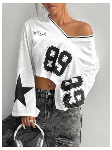 Milumia Women's Jersey Shirts Y2k Number Print Long Bell Sleeve Crop Tops Football Jersey White X-Small - Thumbnail 3