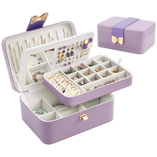 Lolalet 2 Layer Jewelry Box for Teen Girls & Young Women, Jewelry Organizer Case with Bow Clasp and Mirror for Earrings Rings Necklaces Storage, Gift Idea -Purple - Image 1