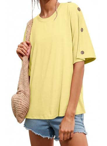 Dokotoo Women's Spring Fashion 2026 Summer Tops for Women Oversized Button Elbow Length Sleeve T Shirts Lightweight Sweatshirts Crewneck Blouse Yellow Tops XX-Large - Image 1