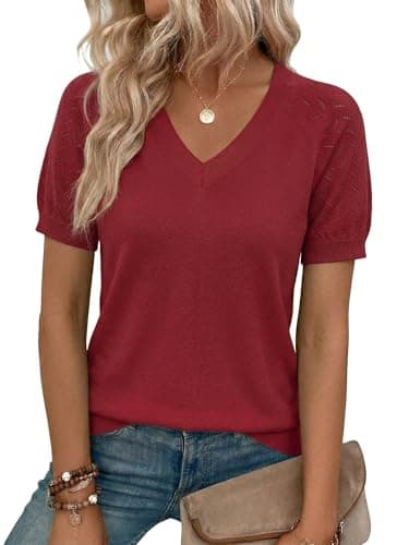 LaGracia Puff Short Sleeve Sweater for Women Summer Puff Sleeve Sweater Tops Spring V Neck Cauasl Dressy Shirts Cute 2026 Dark Red S - Image 1
