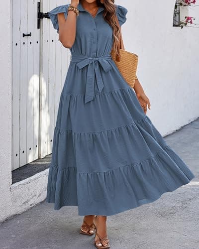 dowerme Women's Summer Casual Dresses 2026 Cap Ruffle Sleeve V Neck Button Belted Tiered Boho Maxi Dress with Pockets(Grey Blue,Medium) - Thumbnail 4