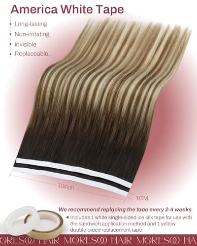 Moresoo Wide Weft Tape in Hair Extensions Human Hair Blonde Genius Tape Weft Hair Extensions Human Hair Dark Brown to Medium Brown Mix with Blonde Tape in Weft Extensions #4/6/613 18 inch 65G 2Pcs - Thumbnail 4