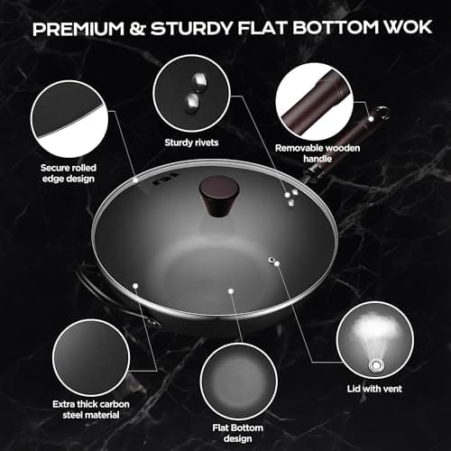 FGJ Wok, 13 Inch Carbon Steel Wok Pan Set 6PCS & Stir-fry Pans Nonstick, Pre-Seasoned 5.8QT Flat Bottom Chinese Woks Roasting Pan Set, Carbon Steel Cookware, Compatible with All Cooktops - Thumbnail 4
