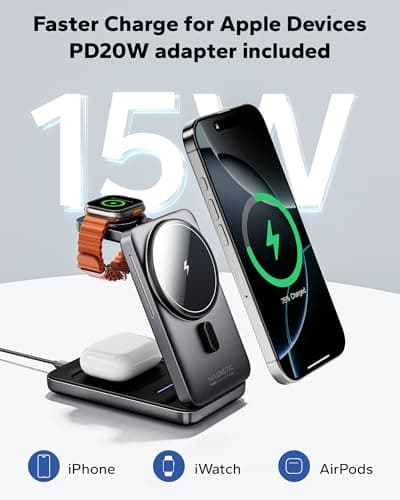 KPON Foldable 3in1 Charging Station for Magsafe, Travel Phone and Watch Charger for Apple, PD20W Wireless Charging Dock for Multiple Devices iPhone 17 16 15 14 13 12 Series/Apple Watch/Airpods - Thumbnail 2