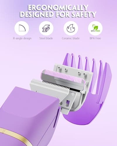 Bikini Trimmer for Women, Tiovara Painless Electric Razors Shaver IPX7 Waterproof Cordless Body Hair Trimmer Pubic Hair Removal with USB Charge Dock for Underarm Leg Arm Body Face Silk Skin (Purple) - Thumbnail 4