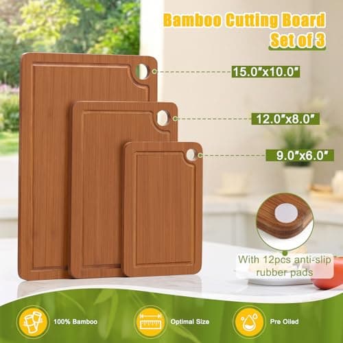 Homaxy Bamboo Cutting Board for Kitchen Set of 3, Wooden Cutting Boards with Non-Slip Mat Deep Juice Groove and Built-In Handles, Wood Chopping Board Set for Meat Fruits & Vegetables - Thumbnail 2