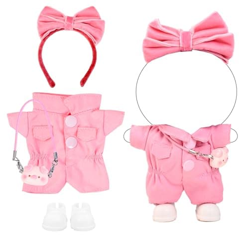 4PCS Pink Kawaii Doll Romper Set Pink Bunny Jumpsuit with Bow Tie for 15-17cm 4 Inch Blind Box Dolls Includes Bow Headwear, Crossbody Bag, One-Piece Workwear and Shoes (NO Doll) - Image 1