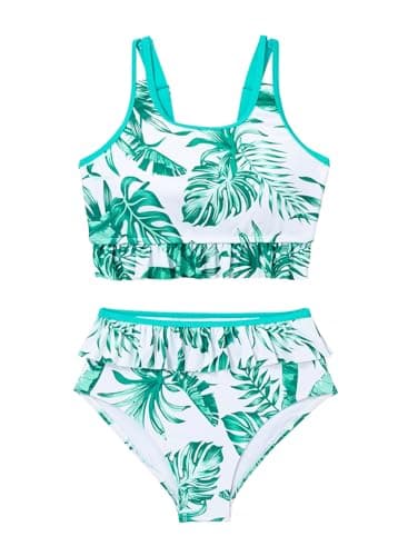 blibean Tween Girls Swimsuits Kids Two Piece Bikini Sets Teen Girl Summer Fashion Boho Hawaii Swim Bathing Suits Floral Ruffled Beach Swimwear Sets Traje Baño Niñas Size 6-7 Year Old Turquoise - Image 1