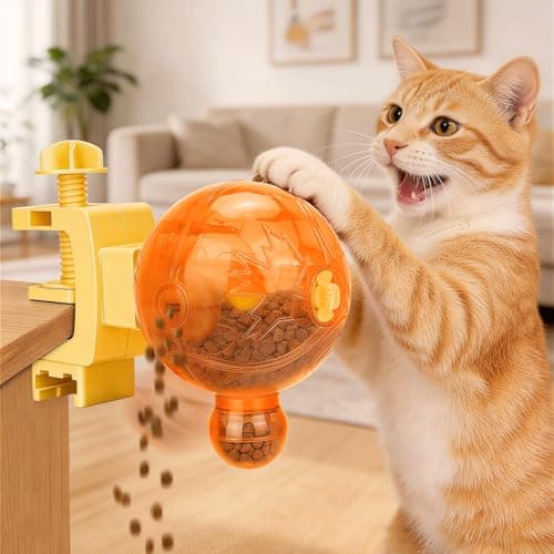 AOFANPET Cat Slow Feeder Puzzle Toy with Clamp Mount, Interactive Spinning Ball Treat Dispenser, Adjustable Feeding Openings for Dry Food, Enrichment Food Dispenser for Indoor/Outdoor, Cats/Small Dogs