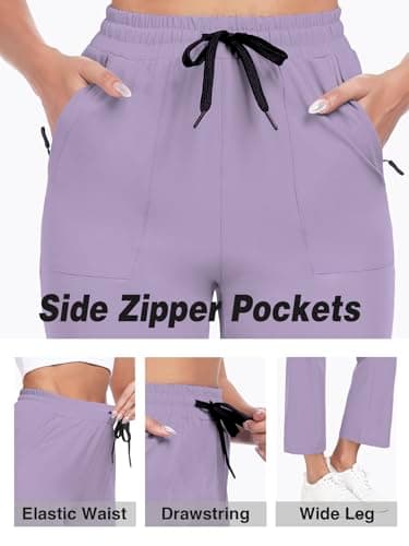 Casual Pants for Women Wide Leg Pants High Waisted Elastic Waist Drawstring Lightweight Travel Work Lounge Comfy Trousers Pants with 2 Pockets Purple L - Thumbnail 6