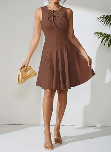 Pink Queen Sleeveless Ruffle Knit Mini Dress for Women 2026 Sexy Tie Knot High Waist A Line Cocktail Party Dresses Summer Chocolate Brown S - Thumbnail 6