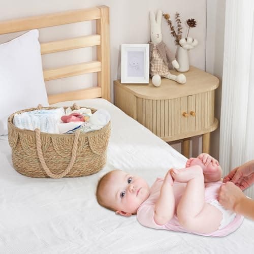 FairyHaus Diaper Caddy Organizer, Portable Natural Wicker Diaper Caddy with Rope Handles and Cotton Divider, Handwoven Seagrass Diaper Caddy Basket with Scalloped Edge for Nursery Picnic - Thumbnail 2