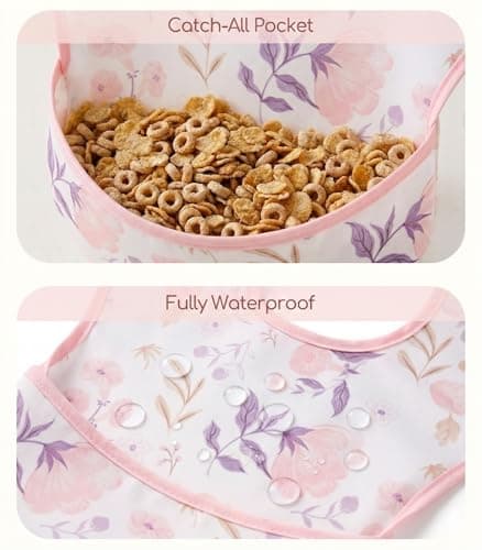 Civarua Kids 3-Pack Waterproof Baby Bibs for Eating - Mess Proof Lightweight Toddler Feeding Bibs with Large Food Catcher, Food-Grade Baby Eating Essentials, Easy to Put On & Clean(Light Pink Blossom) - Thumbnail 4