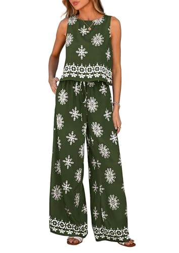 PRETTYGARDEN Women's 2026 Summer 2 Piece Lounge Sets Boho Floral Tank Tops Flowy Wide Leg Pants Travel Beach Vacation Outfits (Floral Dark Green White,Large) - Image 1