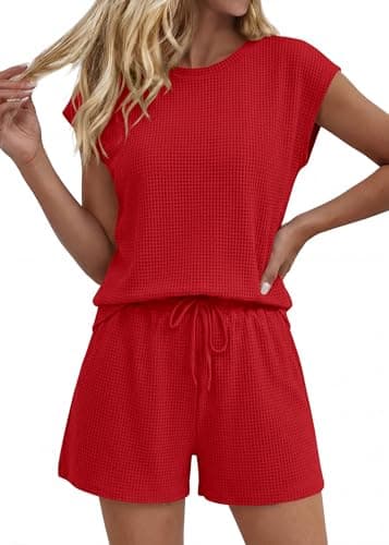 KIRUNDO Two Piece Sets For Women Summer 2026 Cap Sleeve Short Set Waffle Knit Matching Lounge Drawstring Vacation Outfits(Red, Large) - Image 1
