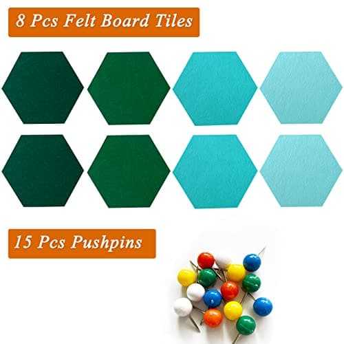 HULAVO 8Pcs Hexagon Felt Cork Board Tiles, Self Adhesive DIY Bulletin Board Pin Board for Office School Home Wall Decor Stickers Memos Photos Display (Gradual Green) - Thumbnail 2