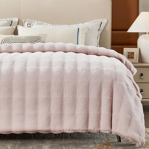 DREAMNINE Extra Large Premium Soft Fluffy Faux Rabbit Fur Blanket Full Size 70" x 80", Decorative Big 3D Plaid Warm Thick Fuzzy Bed Fur Blankets for Winter, Luxury Shaggy Cute Plush Furry Blanket,Pink - Image 1