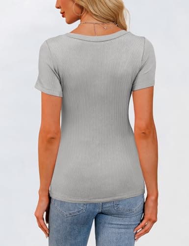 GKBK Womens Scoop Neck Short Sleeve Tops Ribbed Knit Slim Fitted Tight Layering Top Basic Tee Shirts Cute Summer Tops Casual Spring Outfits 2026 Trendy Grey - Thumbnail 5
