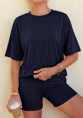 PRETTYGARDEN 2026 Women's Summer 2 Piece Sets Casual Lounge Set Short Sleeve Tops Shirts Shorts Travel Beach Vacation Outfits (Navy Blue,X-Small) - Thumbnail 4
