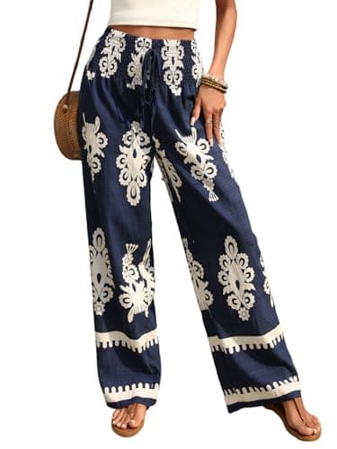 ZAFUL Boho Pants for Women Summer Wide Leg Palazzo Pants Dark Blue