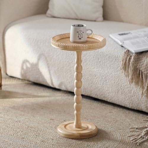Aboacent Rattan Small Side Table, Round Drink Table for Small Spaces, Boho Accent End Table with Solid Wood Leg for Living Room, Nightstand Table for Bedroom, Corners - Thumbnail 4