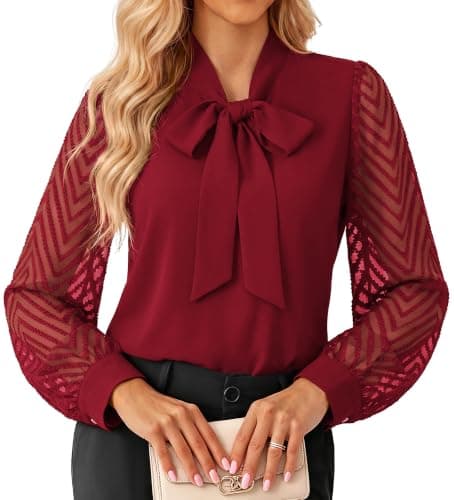 GRACE KARIN Women Bow Tie Neck Tops 2026 Fall Lace Long Sleeve Blouse Business Dressy Casual Shirt Work Office Formal Dark Wine Large - Image 1