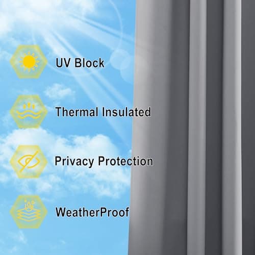 NICETOWN 2 Panels Outdoor Curtains for Patio Waterproof, Peel/Stick Top & Back Tab Bottom Drapes with Free Rope for Wind Blocking, Privacy Sun Shades for Gazebo/Deck, W66 x L90 in, Silver Gray - Thumbnail 6