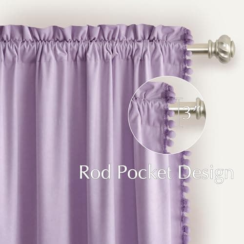 NICETOWN Lilac Purple Velvet Curtains 96 Inch Length (2 Panels) – Pom Pom Room Darkening Drapes for Nursery & Kids Room, Thermal Insulated Soft Window Treatments Whimsical Charm Decor - Thumbnail 5
