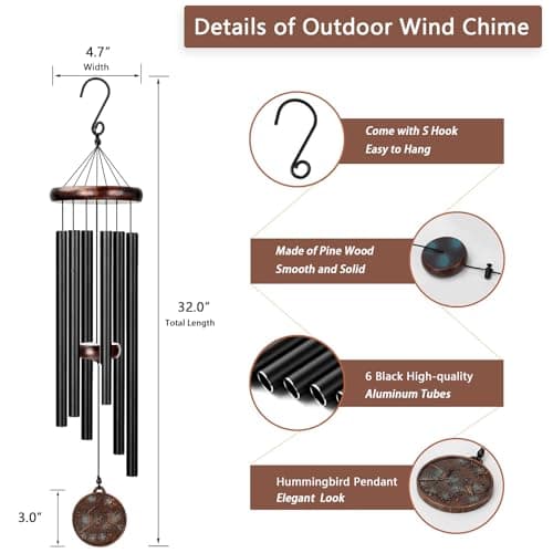 Wind Chimes for Outside, 32" Hummingbird Outdoor Wind Chime, Deep Tone Windchime for Patio Porch Decoration, Best Gift for Mom Women Grandma Neighbors - Thumbnail 5