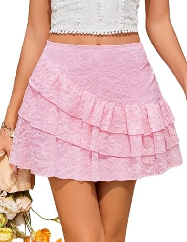 Avidlove Women's Y2K Lace Mini Skirt Ruffle A Line High Waisted Layered Skirts Half Slip Skirt XS-XXL Pink - Image 1