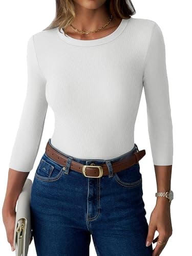 GKBK Womens 3/4 Sleeve Ribbed Tops Fitted Basic Tee Shirts Casual Crewneck Tight Layering 2025 Fall Fashion Outfits White - Thumbnail 2