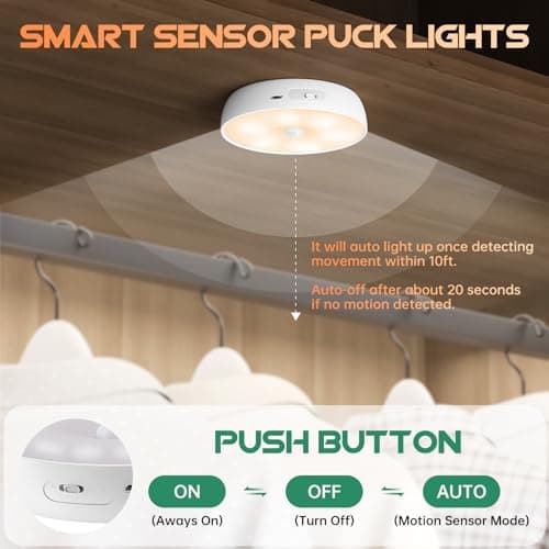 Warm Color LED Closet Lights Motion Sensor Puck Light, USB Rechargeable Battery Operated Puck Step Lights, Dimmable Under Cabinet Lighting for Counter Wardrobe Kitchen (6 Pack) - Thumbnail 6