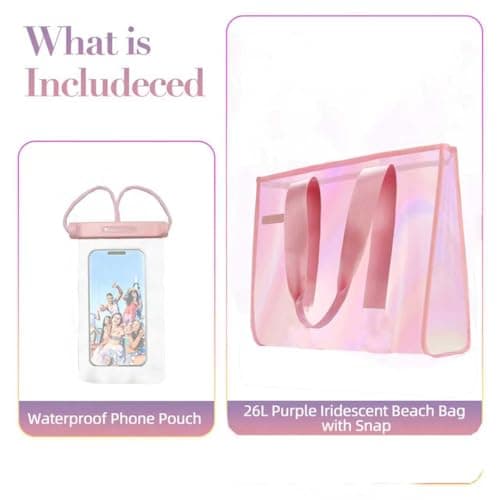 GolfFox 26L Extra Large Iridescent Beach Bag Set - Pink Tote Bag with Zipper & Waterproof Touchscreen Phone Pouch，Perfect Beach Essentials for Family - Thumbnail 3